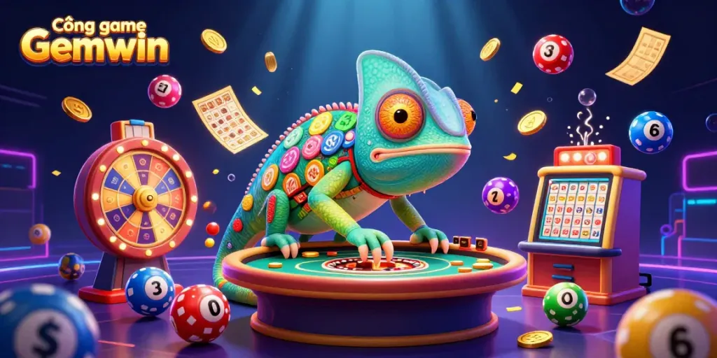 Experience the excitement of Cổng game Gemwin with a vibrant chameleon casino owner amidst colorful lottery elements.