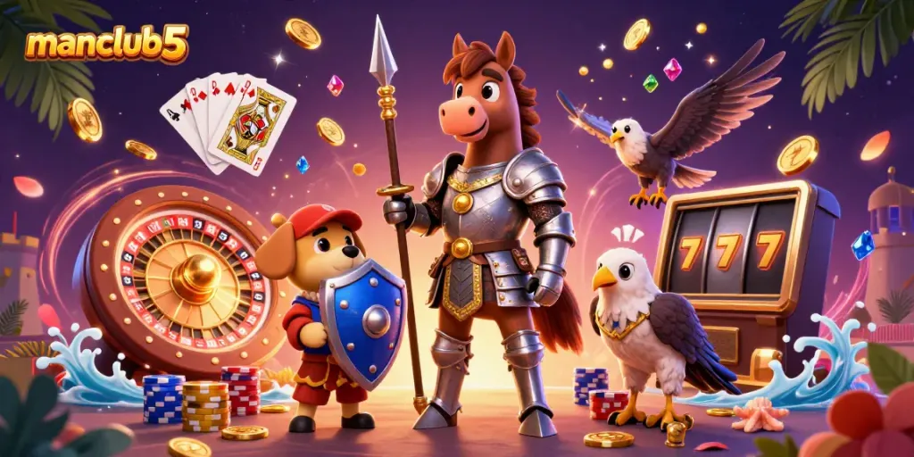 Experience thrilling gambling adventure with manclub5 featuring a knight, squire, and falcon amidst casino elements.