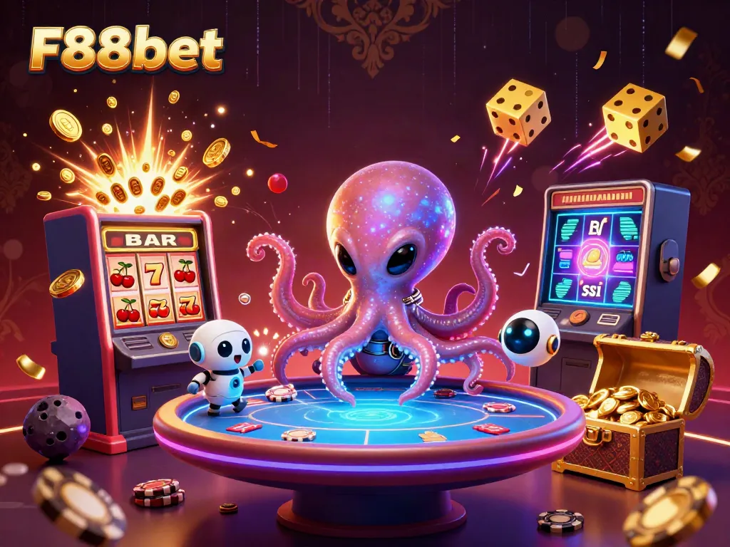 Experience thrilling gameplay with F88bet's alien octopus dealer at a holographic poker table.