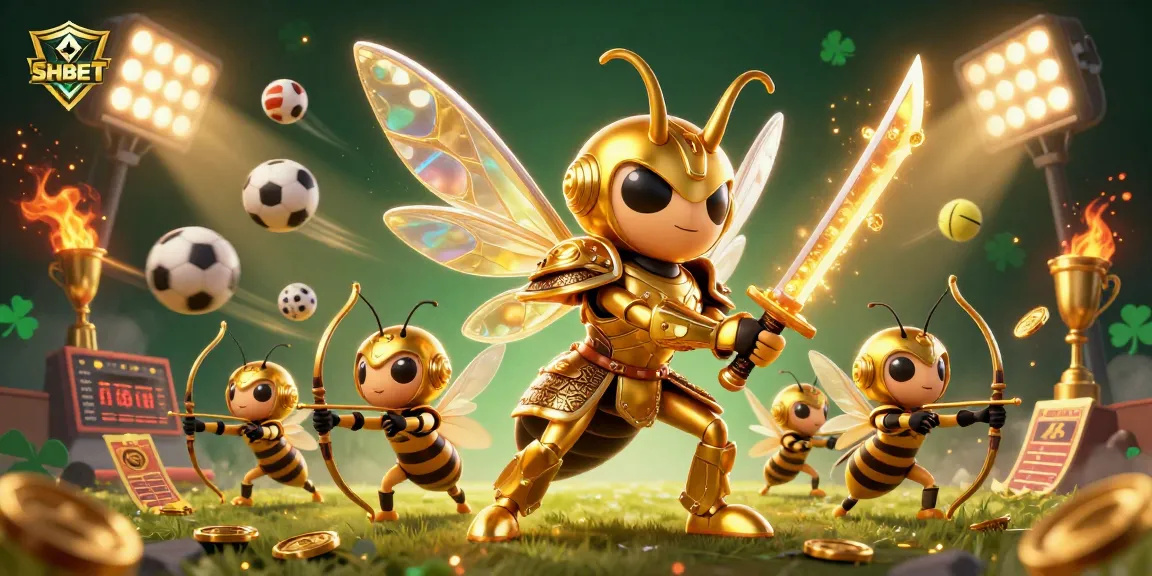 Engage with SHBET's immersive gaming experience through vibrant 3D illustration of giant hornet samurai, golden elements, and dynamic sport elements.