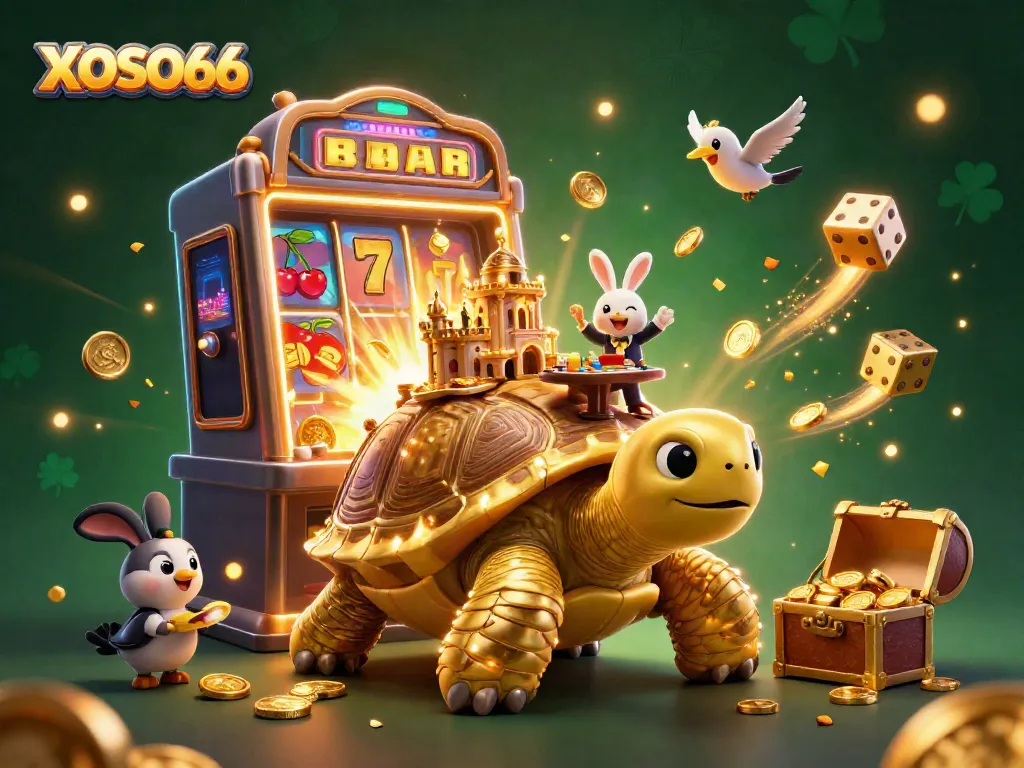 Experience the excitement of gaming with XOSO66's vibrant 3D casino illustration featuring a golden tortoise and jackpot elements.