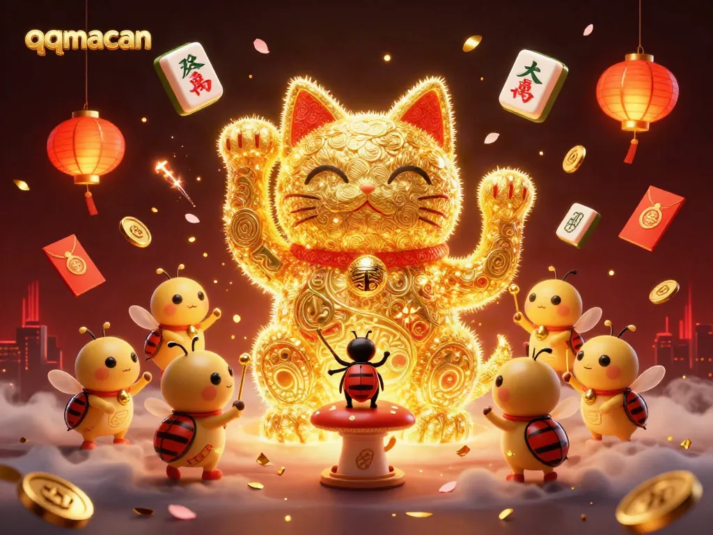 Join the excitement at qqmacan, winning games celebrate with a golden lucky cat and vibrant symbols.