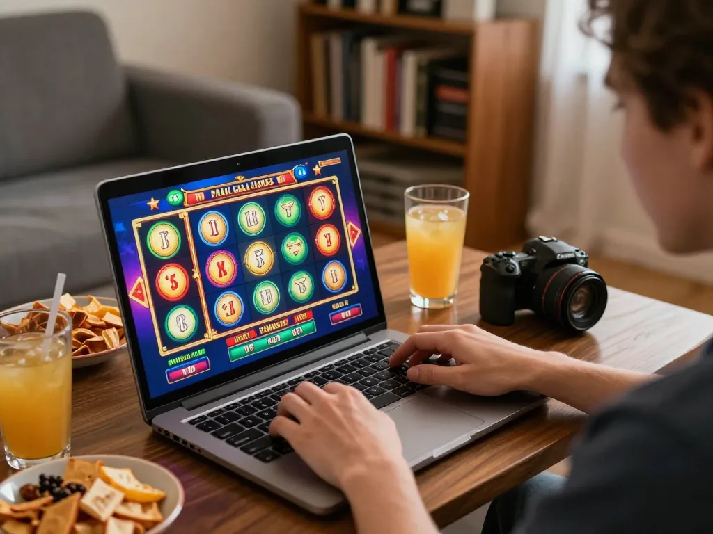 Engaging player spinning reels on yo88i online slots in a cozy home setting.