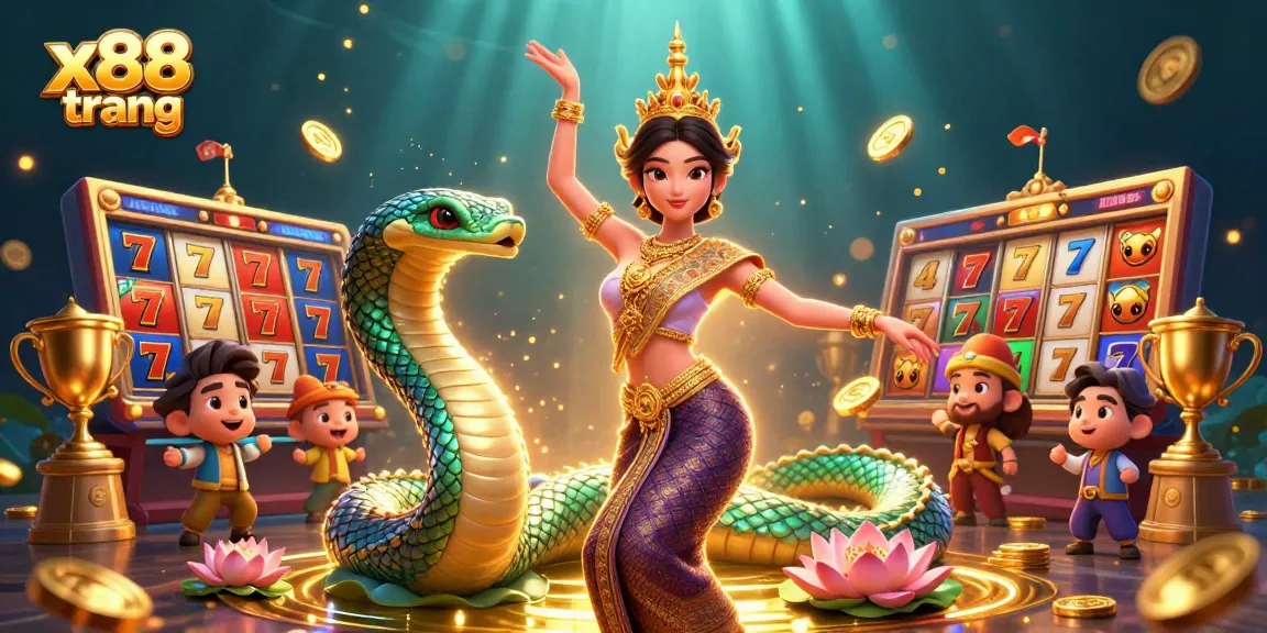 x88 trang casino illustration showcasing a Thai dancer with Naga serpent and slot gaming elements in a vibrant scene.