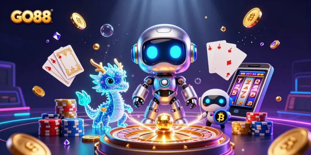 Engage with GO88 through immersive gaming, featuring vibrant animated characters and casino elements.
