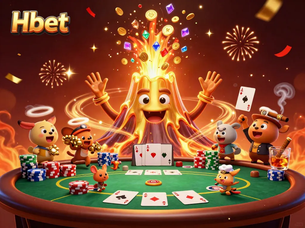 Enjoy thrilling Hbet gaming with golden volcano and poker chaos in 3D illustration