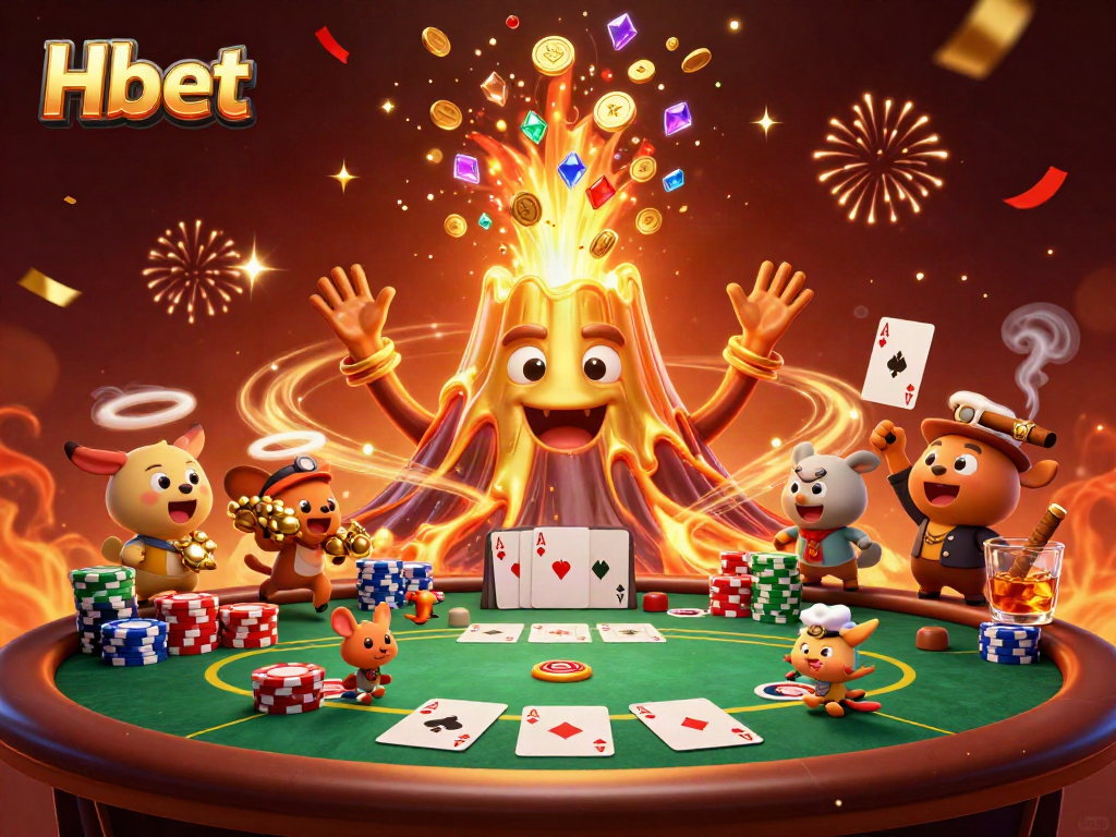 Enjoy thrilling Hbet gaming with golden volcano and poker chaos in 3D illustration
