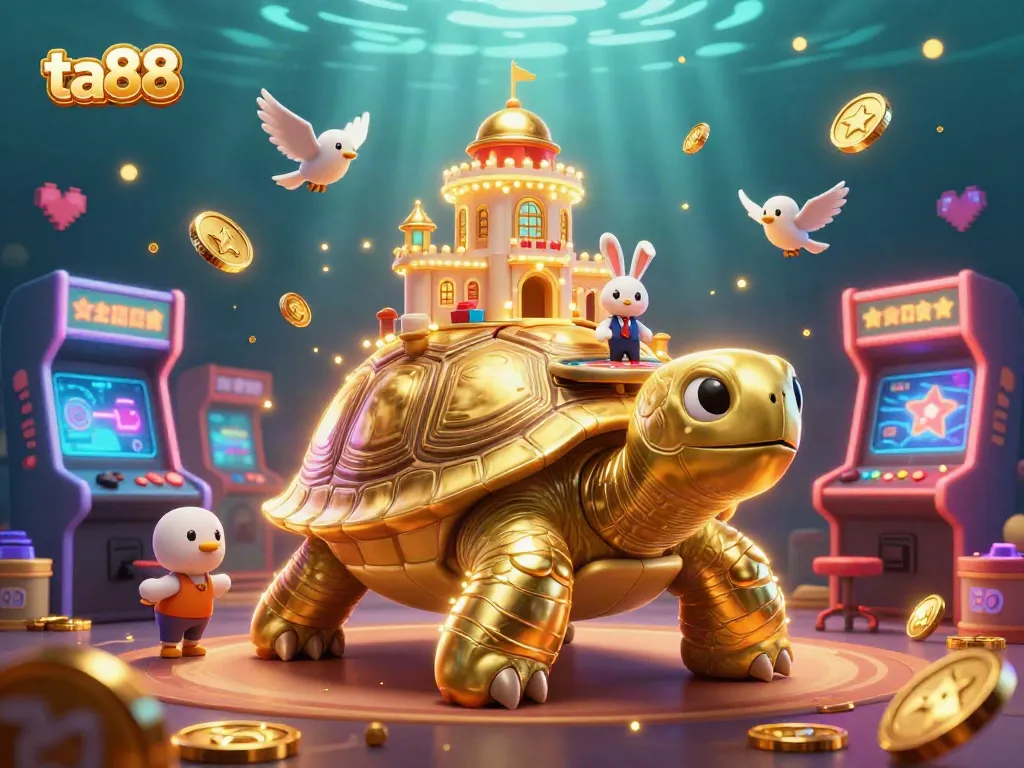 Engage with ta88's dazzling casino world featuring playful golden tortoise, rabbit dealer, gaming elements, and golden coins.