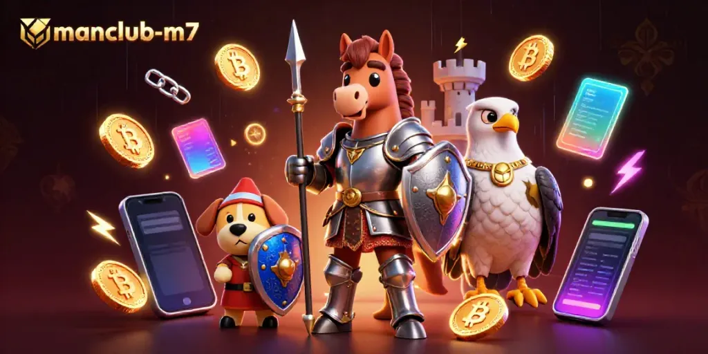 Engage in thrilling gameplay at manclub-m7 with a knight, puppy, and falcon amidst vibrant crypto elements.