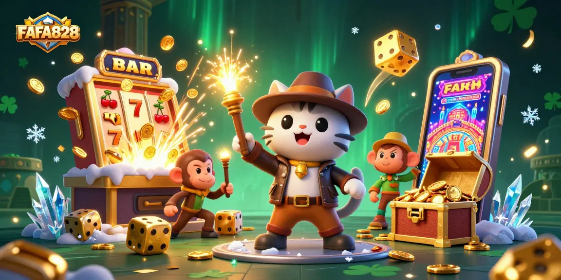 FAFA828 brings thrilling gaming adventures with a dynamic scene of a cat explorer discovering treasure.