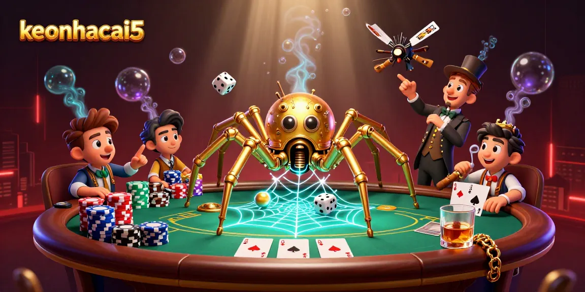 Bet on the latest odds at keonhacai5 with a steampunk twist, featuring a golden spider and poker elements.