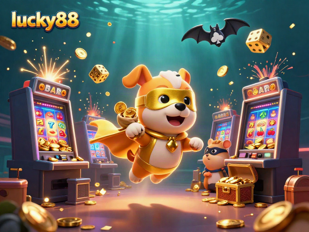 Experience exciting gameplay at lucky88 with a superhero dog and friends amidst a vibrant jackpot scene.