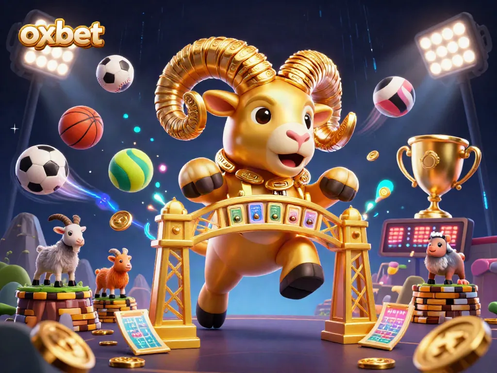 oxbet showcases a golden ram charging through a dynamic casino scene, filled with sports excitement