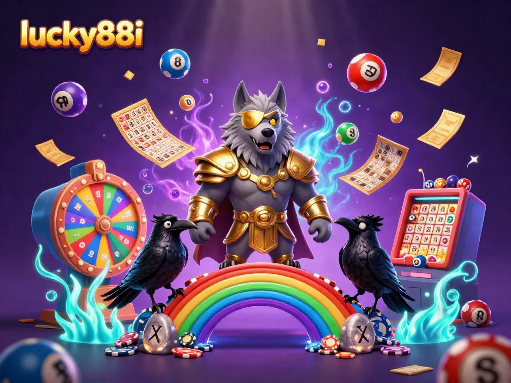 Experience lucky88i excitement with a vibrant scene of Odin and ravens amidst casino elements.