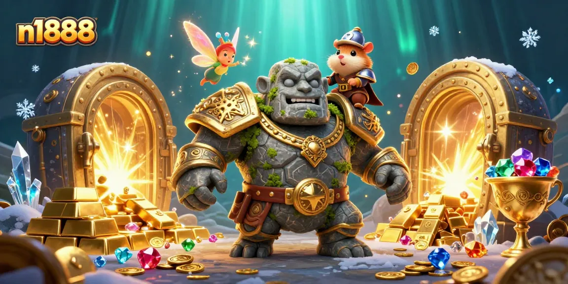 Experience the excitement of n1888 with magical characters and treasures in a dynamic casino scene.