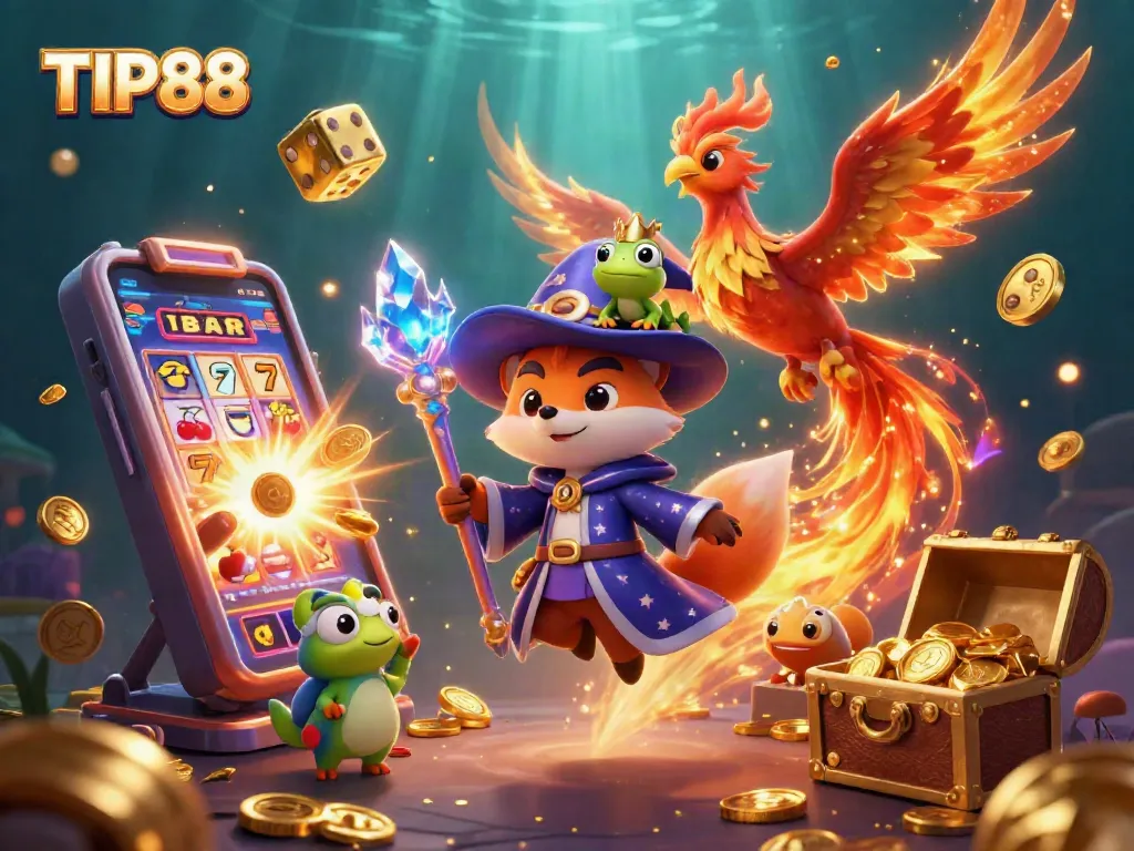 Experience exciting gaming modes at TIP88 with a mystical fox wizard, phoenix companion, and a festive casino atmosphere.