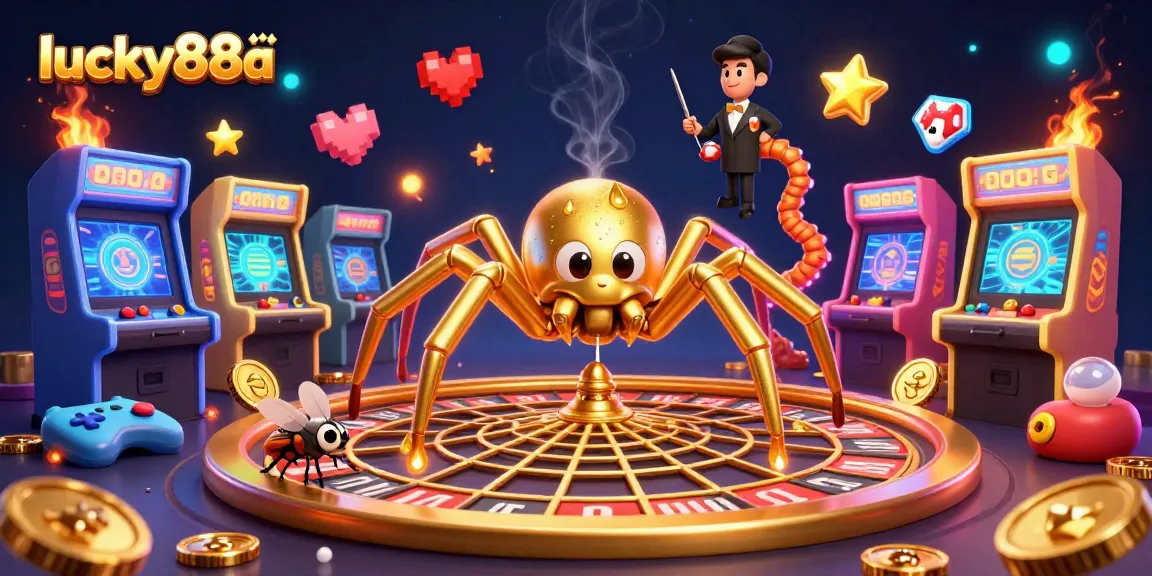 Experience thrilling games at lucky88a with a golden spider spinning a roulette wheel and vibrant game elements.
