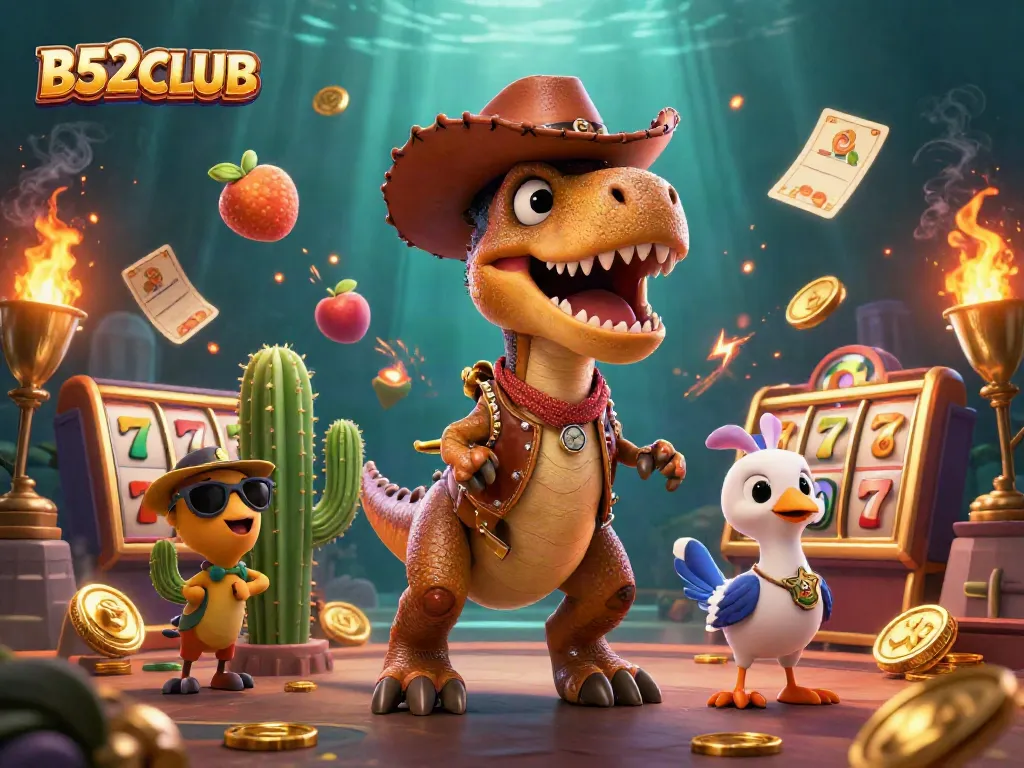 B52CLUB showcases a vibrant 3D scene with a T-Rex and friends amidst spinning slot reels and golden trophies.