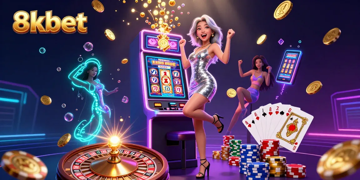 Win big with 8kbet as a stunning player celebrates a jackpot at the casino, surrounded by vibrant gaming elements.