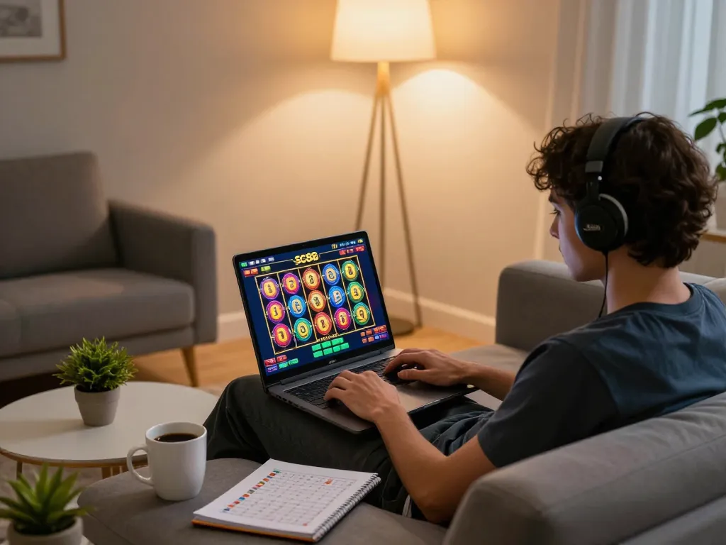 Engaging in online casino gaming on sc88 slots platform, vibrant home atmosphere, strategy notes visible