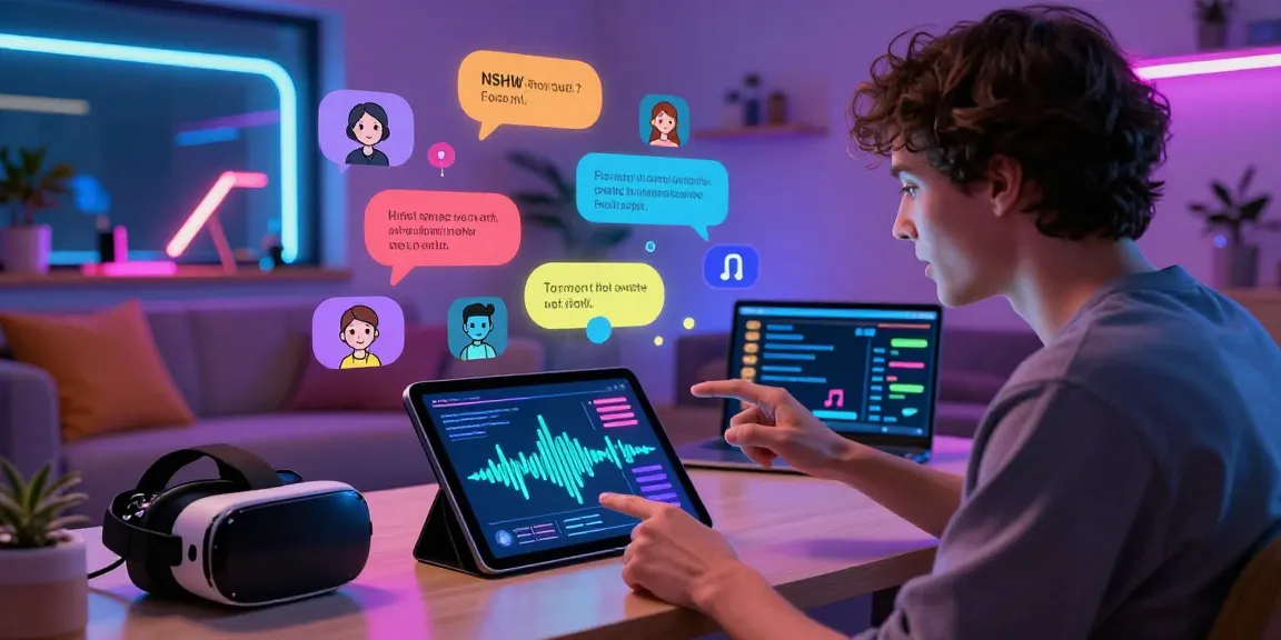 Engaging with an NSFW chat bot in a vibrant digital workspace surrounded by AI avatars.