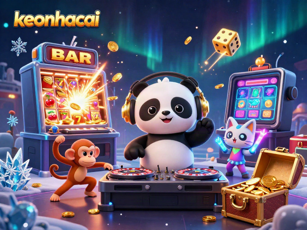 Engage with exciting casino vibes at keonhacai featuring DJ panda and dance elements amidst a celebration of wins.