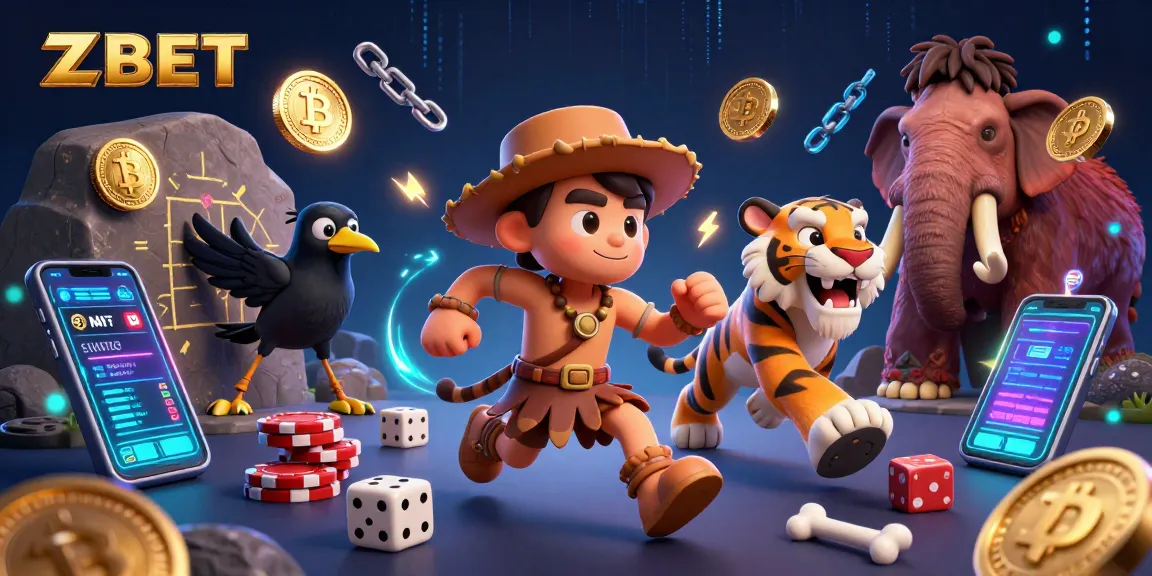 Engage with ZBET's exclusive offer in this vibrant casino scene featuring bitcoin and stone dice.