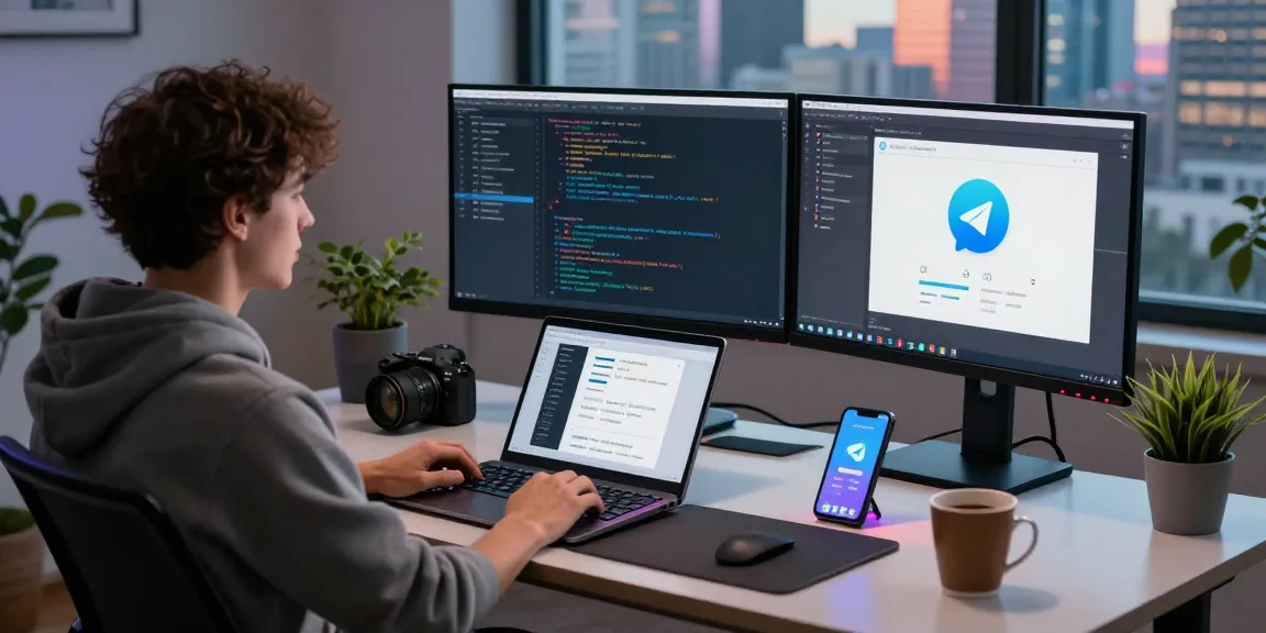 Download Telegram on a modern workspace with coding and tech gadgets, showcasing productivity and communication tools.