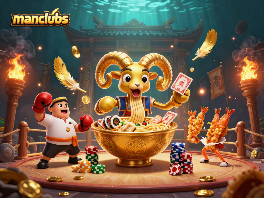 Experience thrilling manclubs action with a lively scene featuring a giant golden ramen bowl character and casino elements