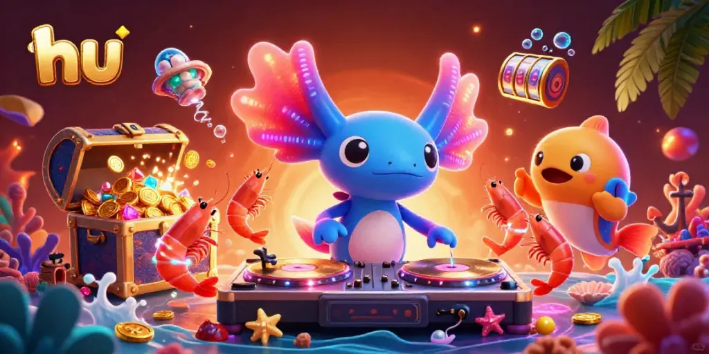 Enjoy thrilling slots with hu's vibrant underwater DJ party scene featuring colorful characters and treasure.