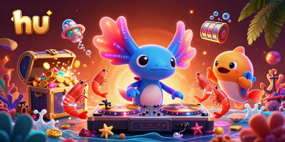 Enjoy thrilling slots with hu's vibrant underwater DJ party scene featuring colorful characters and treasure.