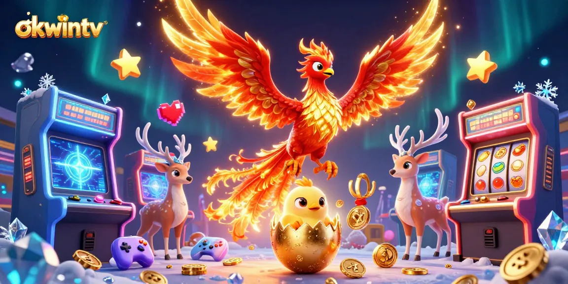 Engage with okwintv's dynamic gaming scene featuring a phoenix, baby chick, and stag.