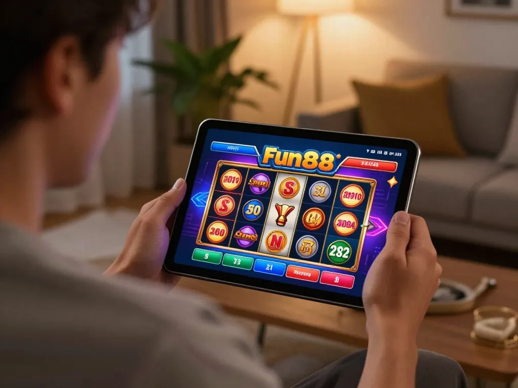 Engaging with fun88s online casino app during a home gaming session featuring colorful slots.