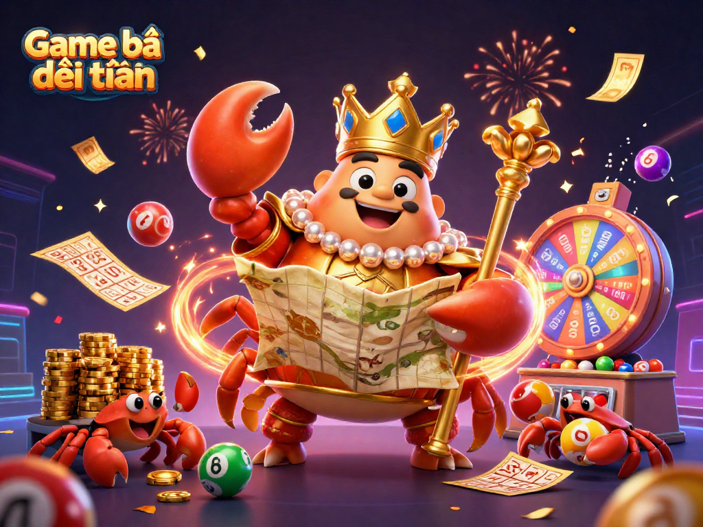 Play Game bài đổi thưởng with excitement as the golden crab emperor leads with treasure maps and vibrant game elements.