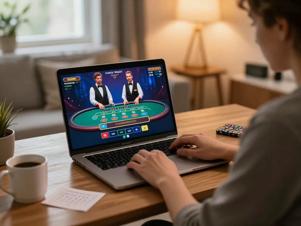 Person engaging in strategic online betting at home using VA88, showing a live dealer game.