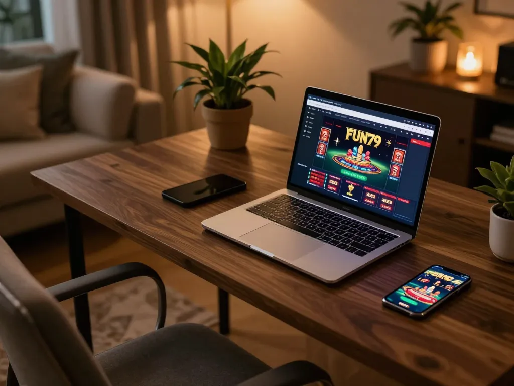 Player using FUN79 platform on a laptop while relaxing at home, showcasing online gaming