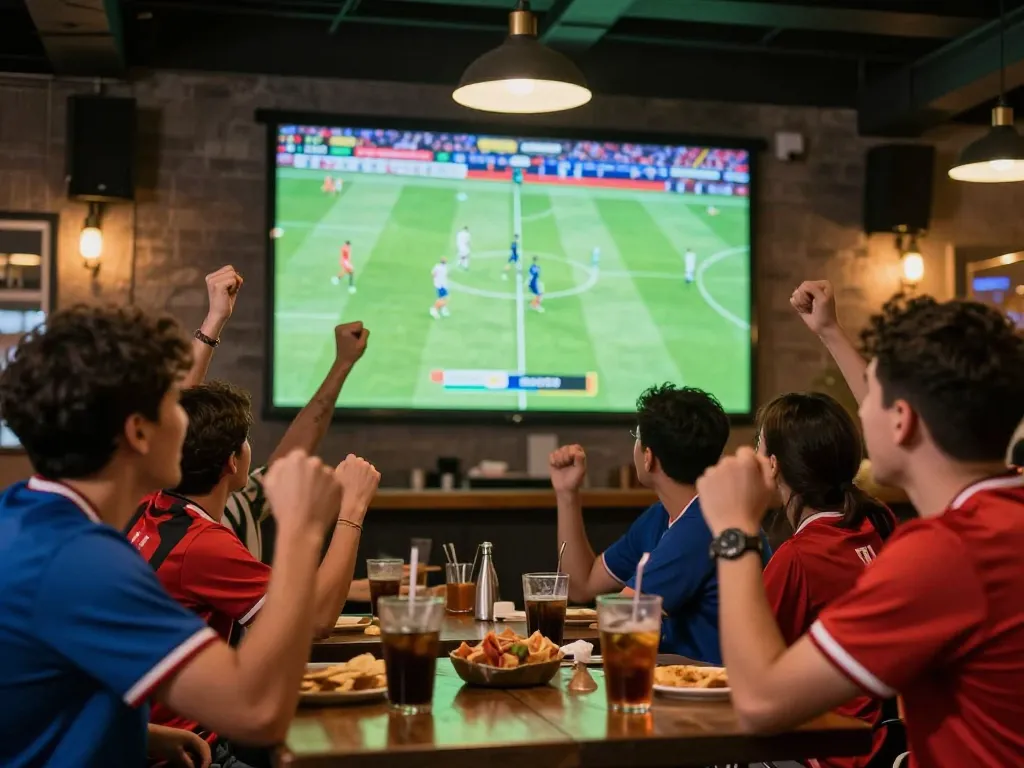 Excited fans gathering to xem trực tiếp bóng đá in a lively sports bar, enjoying the game.