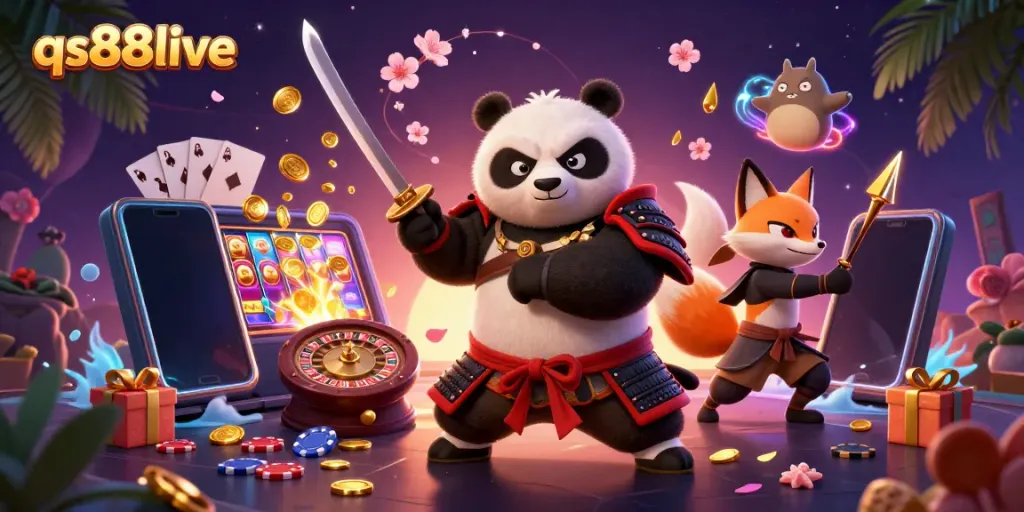 Experience thrilling gameplay with qs88live featuring a samurai panda, ninja fox, and magical tanuki in an exciting casino scene.