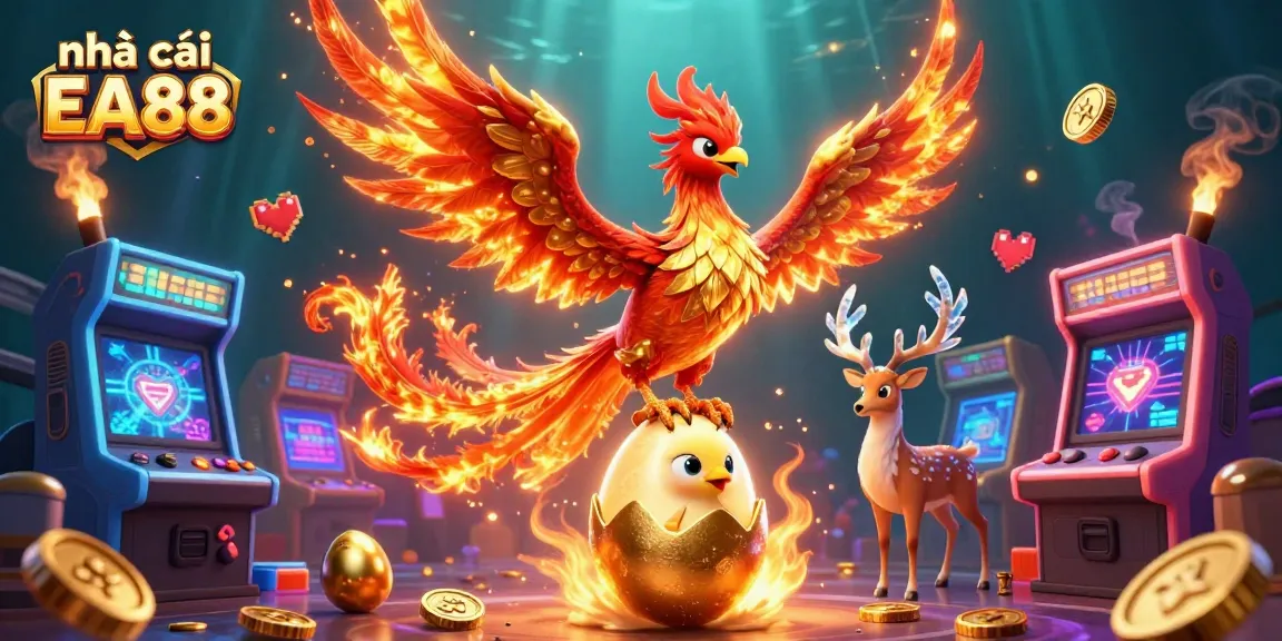 Join nhà cái EA88 to experience exciting games, featuring a vibrant phoenix above hatching chicks!
