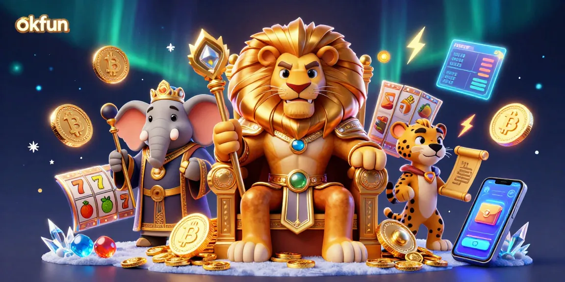 Engage with the thrilling world of okfun casino featuring a majestic lion king, elephant advisor, and swift cheetah messenger amidst vibrant slot elements.