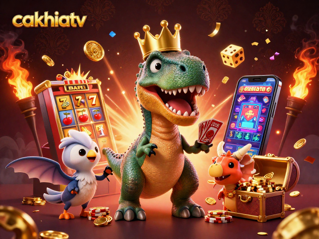 Cakhiatv showcases a fun casino scene with a T-Rex shuffling cards amid vibrant gaming elements.