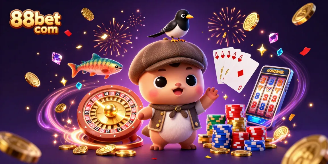 Cascade winning moments with 88bet com in a vibrant 3D casino illustration featuring cartoon Nessie and playful elements.