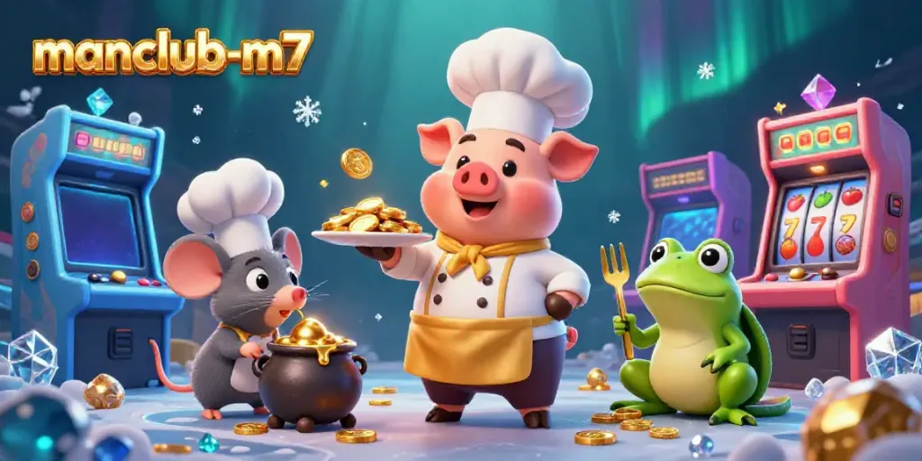 Engage with manclub-m7's vibrant casino scene featuring animated characters and themes of winning and fun.
