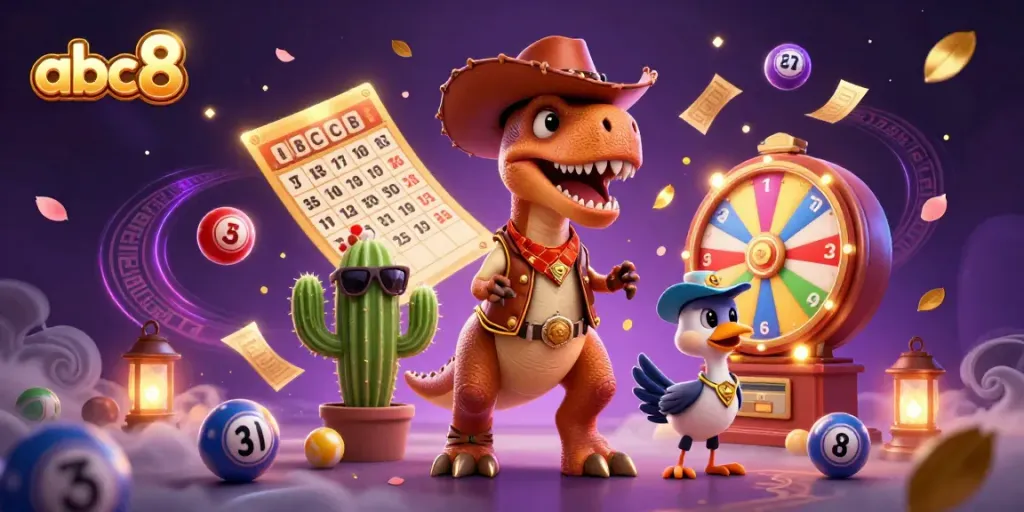 Experience the excitement of abc8 with a vibrant casino-themed 3D illustration of a cowboy T-Rex, cactus, and roadrunner.