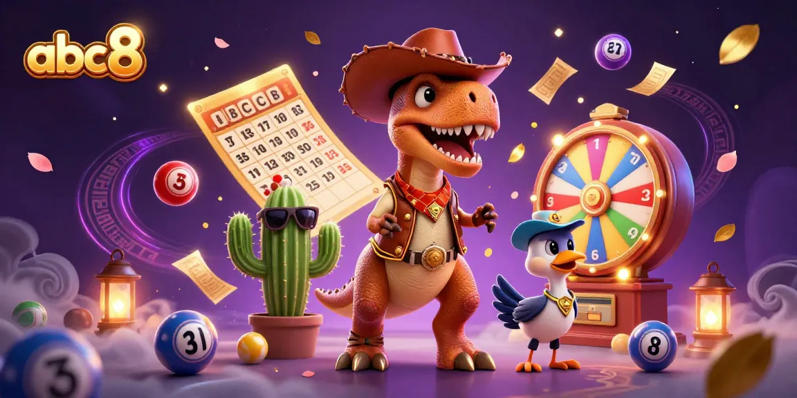 Experience the excitement of abc8 with a vibrant casino-themed 3D illustration of a cowboy T-Rex, cactus, and roadrunner.