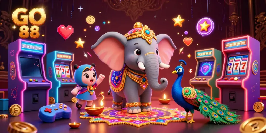 Experience thrilling gaming with GO 88's vibrant 3D illustration featuring exciting elements like slot reels and glowing coins.