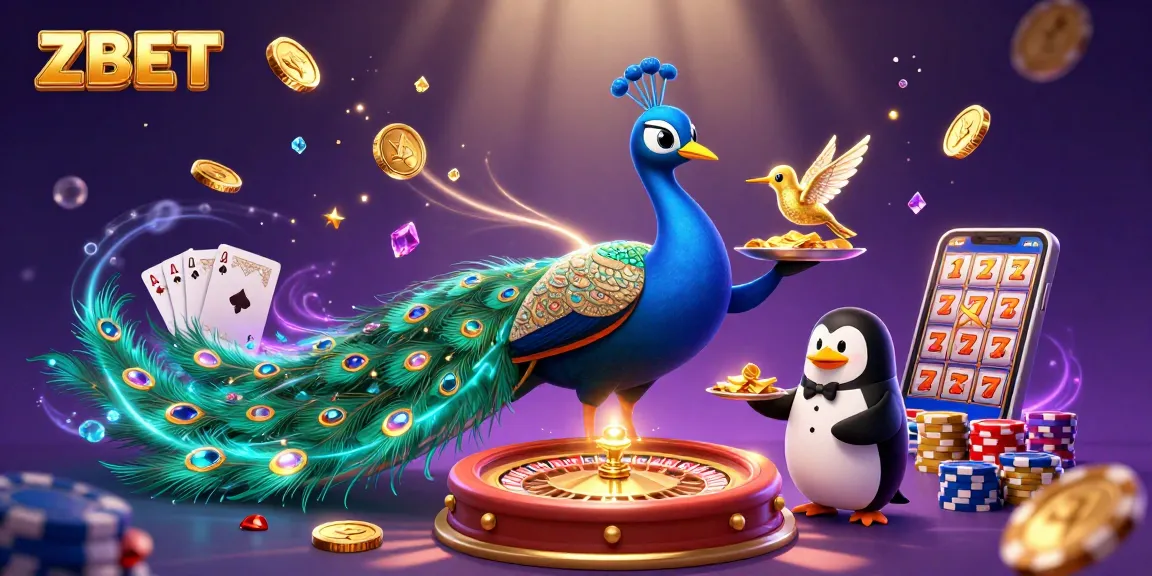Place your bets with ZBET at a vibrant casino scene featuring peacock, penguin, and hummingbird.
