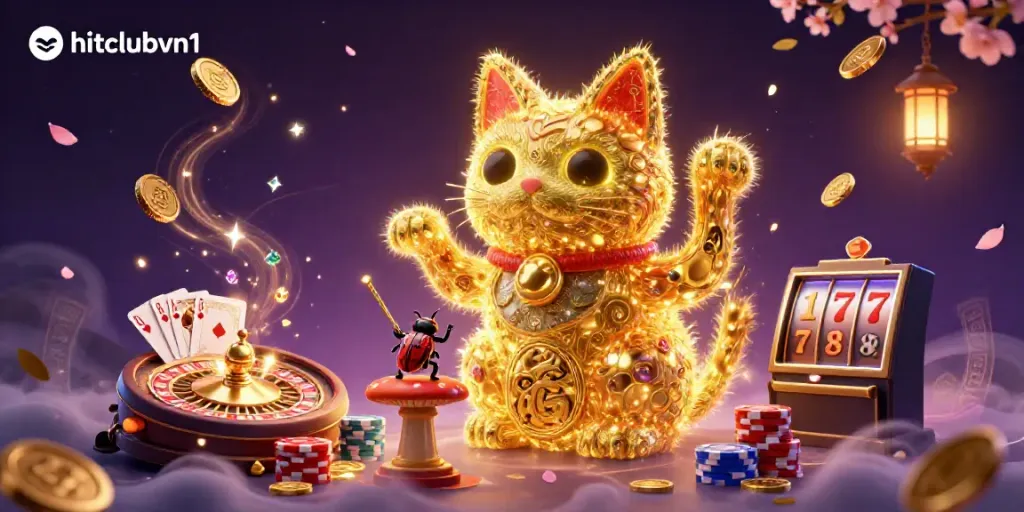 Experience dynamic gaming action with hitclubvn1 in a vibrant 3D illustration of a lucky cat, casino symbols, and coins.
