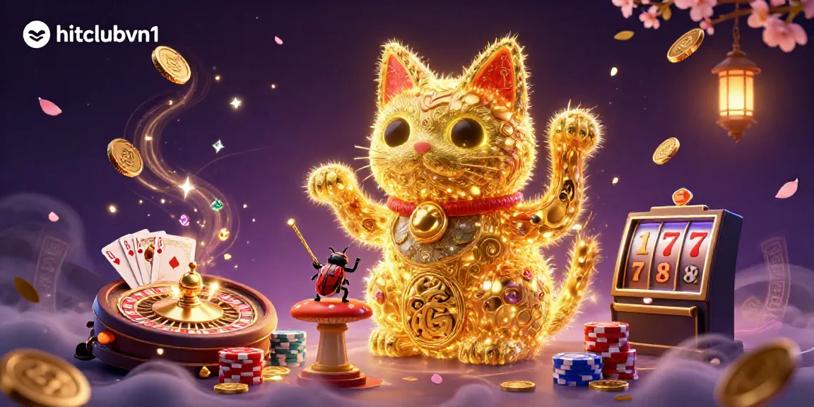 Experience dynamic gaming action with hitclubvn1 in a vibrant 3D illustration of a lucky cat, casino symbols, and coins.