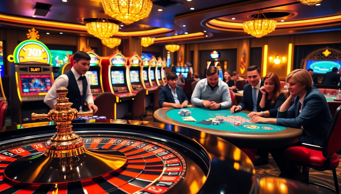 Excited players enjoying a thrilling game at PS 99 casino, featuring roulette and poker tables.